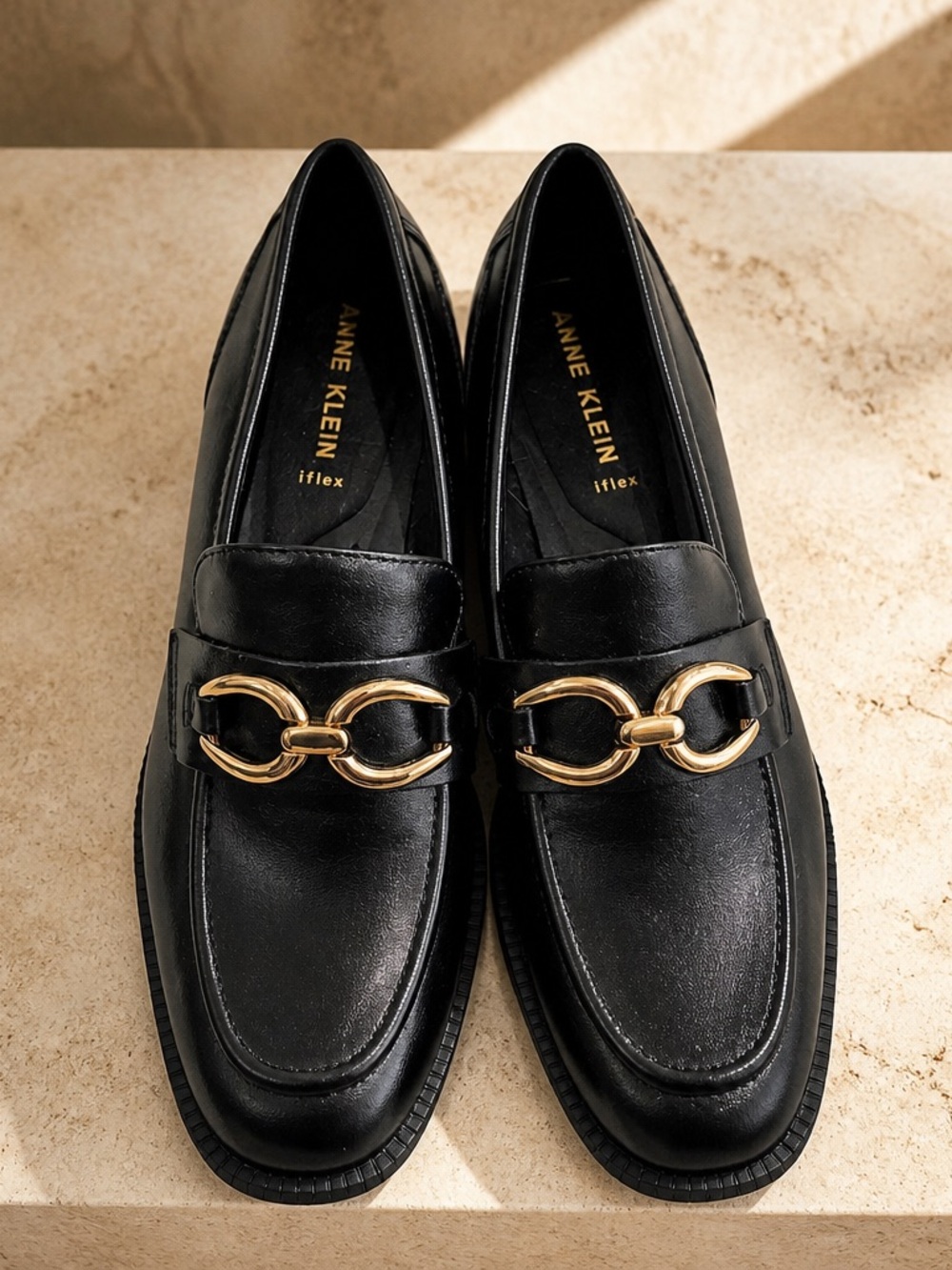 Women’s Anne Klein iFlex Black Loafers with Gold Link Accent